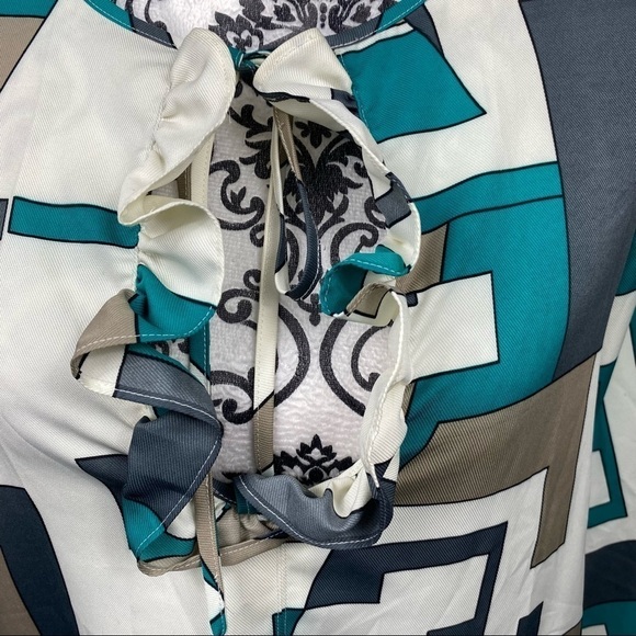 Lauren Moffatt retro vibe green white gray geometric keyhole ruffle long tunic - Picture 4 of 8